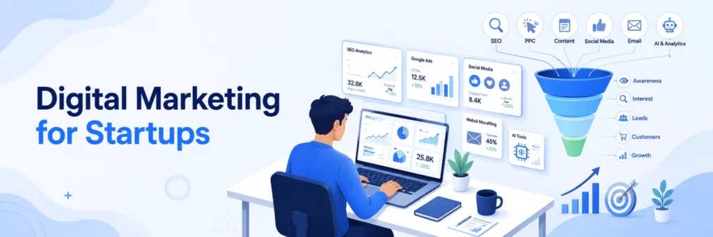 Digital marketing for startups with SEO, Google Ads, AI tools, social media, analytics dashboard, and lead generation strategy.