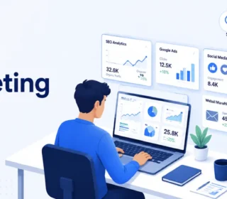 Digital marketing for startups with SEO, Google Ads, AI tools, social media, analytics dashboard, and lead generation strategy.